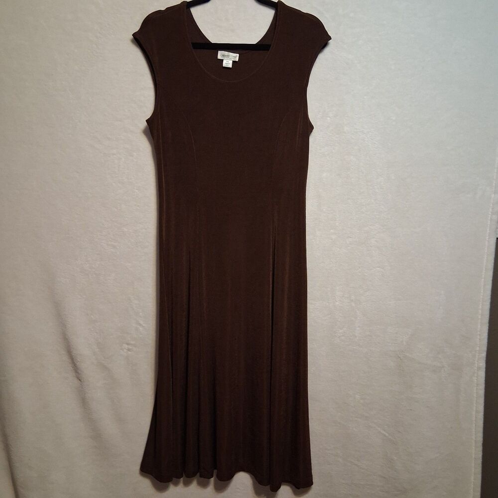 Coldwater Creek PM Petite Dress Midi Brown Slinky Classic Layering Basic Retro